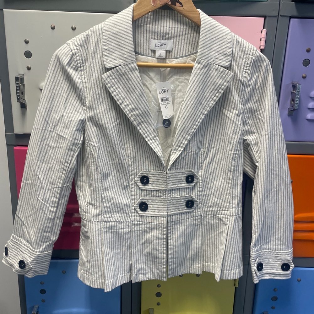 LOFT White and Gray Striped Double-Breasted Cotton-Blend Blazer, NWT
